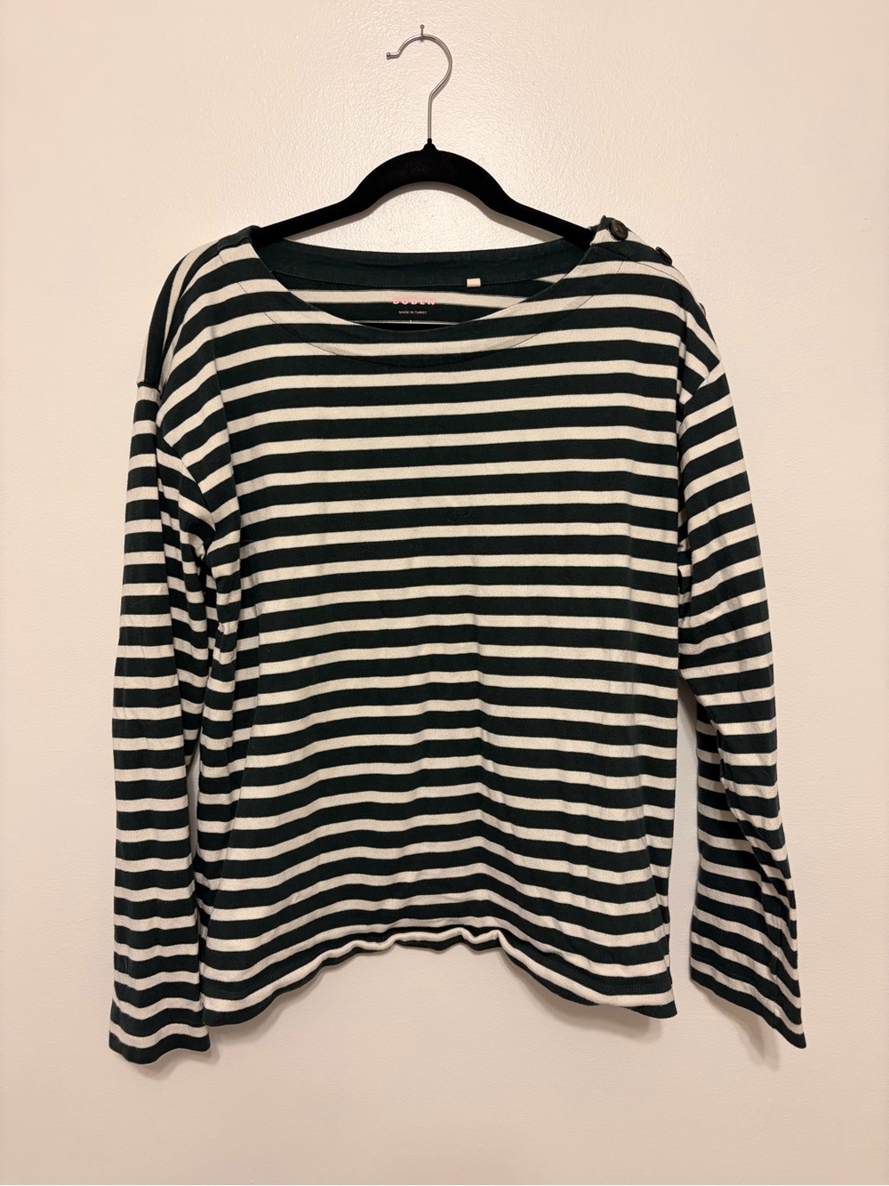 Boden Green and Off White Striped Long-Sleeve Boatneck Top